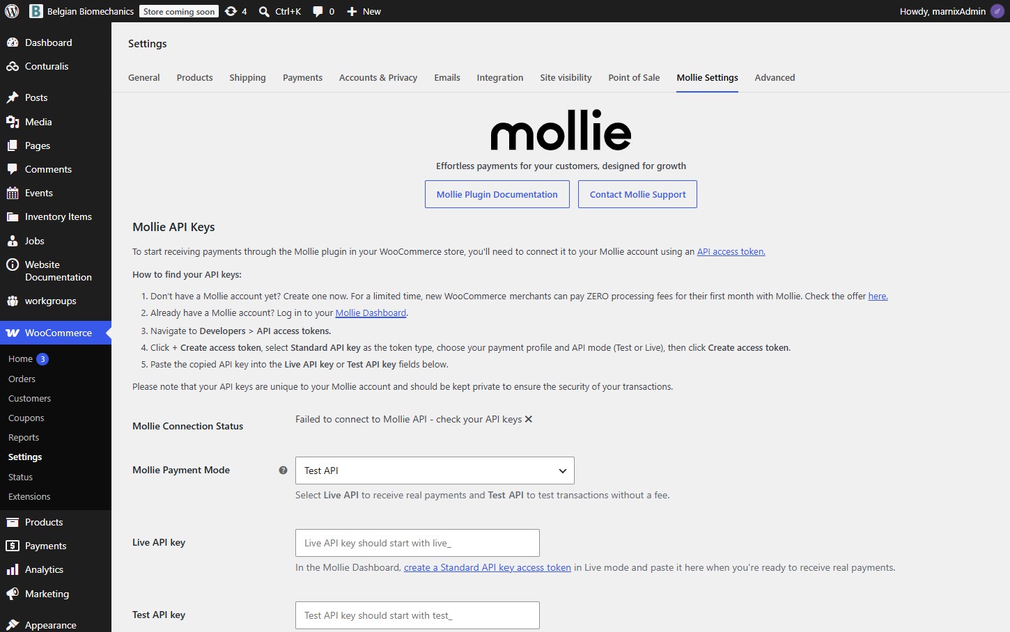 Mollie Payments for WooCommerce API Connection Screen